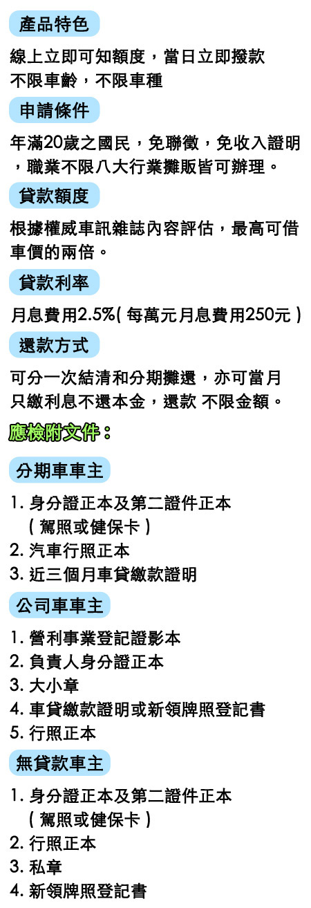 汽車借款 華信當舖提供內湖區 當舖 汽車借款 機車借款 免留車 借錢 借貸